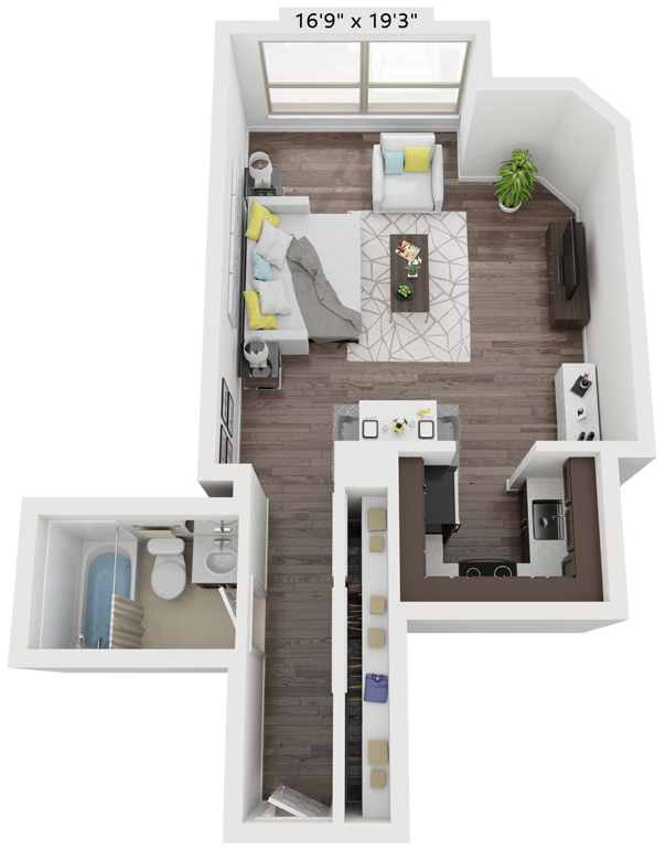 Floor plan for studio, 1 bath, 505 sqft